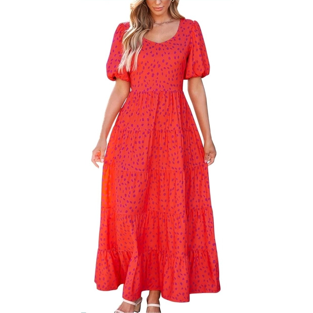 BTFBM Women Red Floral Puff Sleeve Smocked Maxi Dress XXL 2024 Summer Tiered